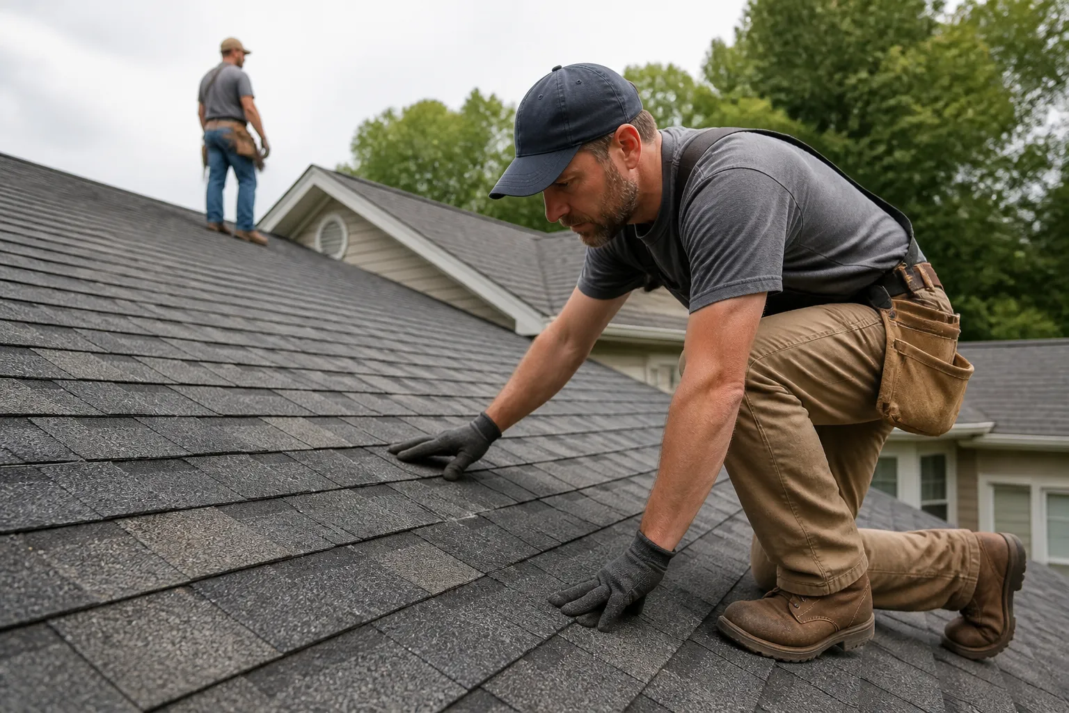 Illustrative image of a roofer inspecting a residential roof, not a completed Arkadelphia project