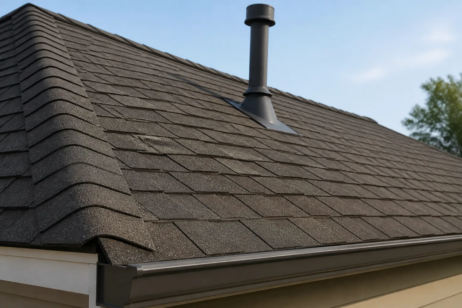 Close view of layered architectural asphalt shingles along a residential roof slope.