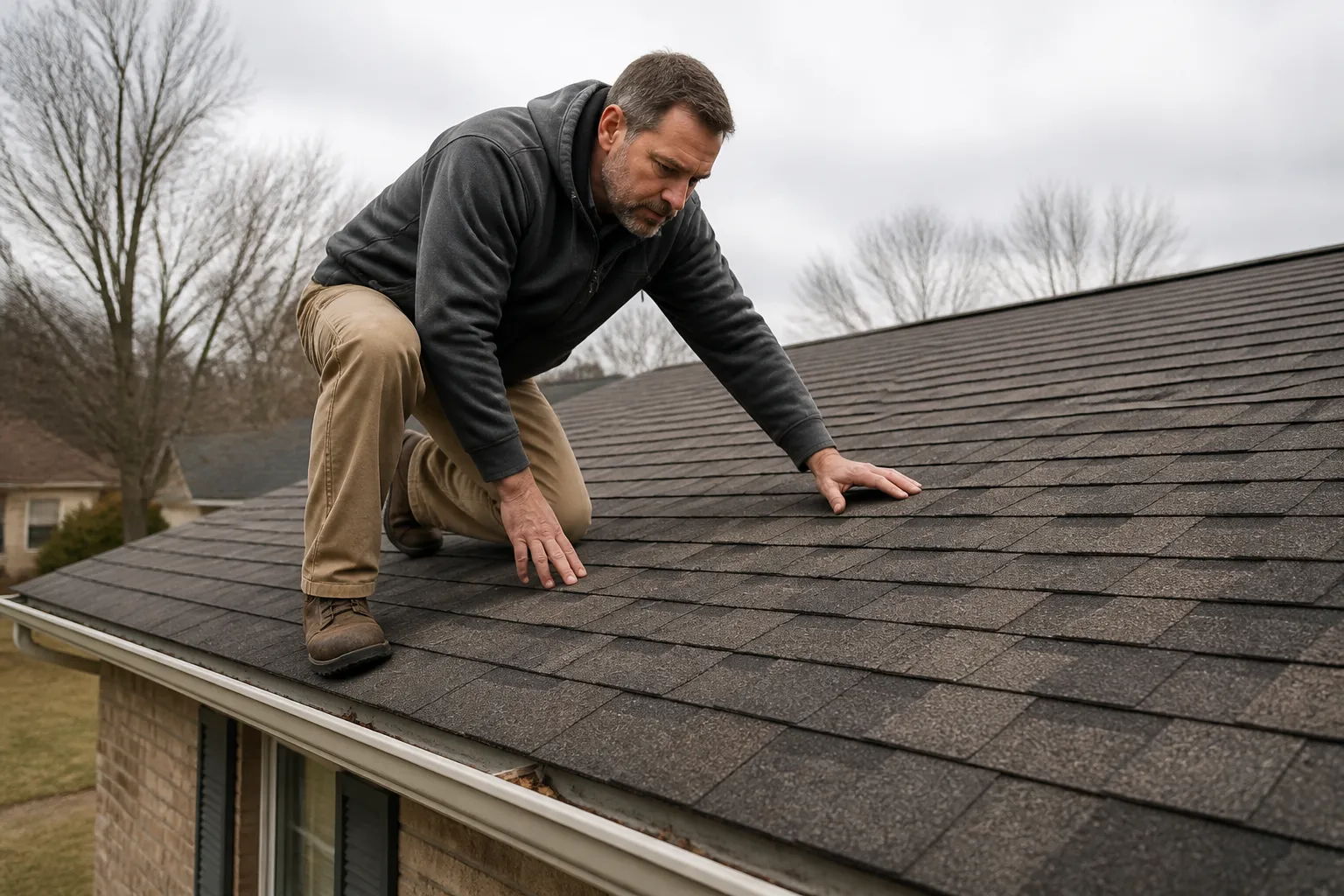Illustrative view of a roofing contractor examining shingles on a residential roof; not a completed project in Batesville.