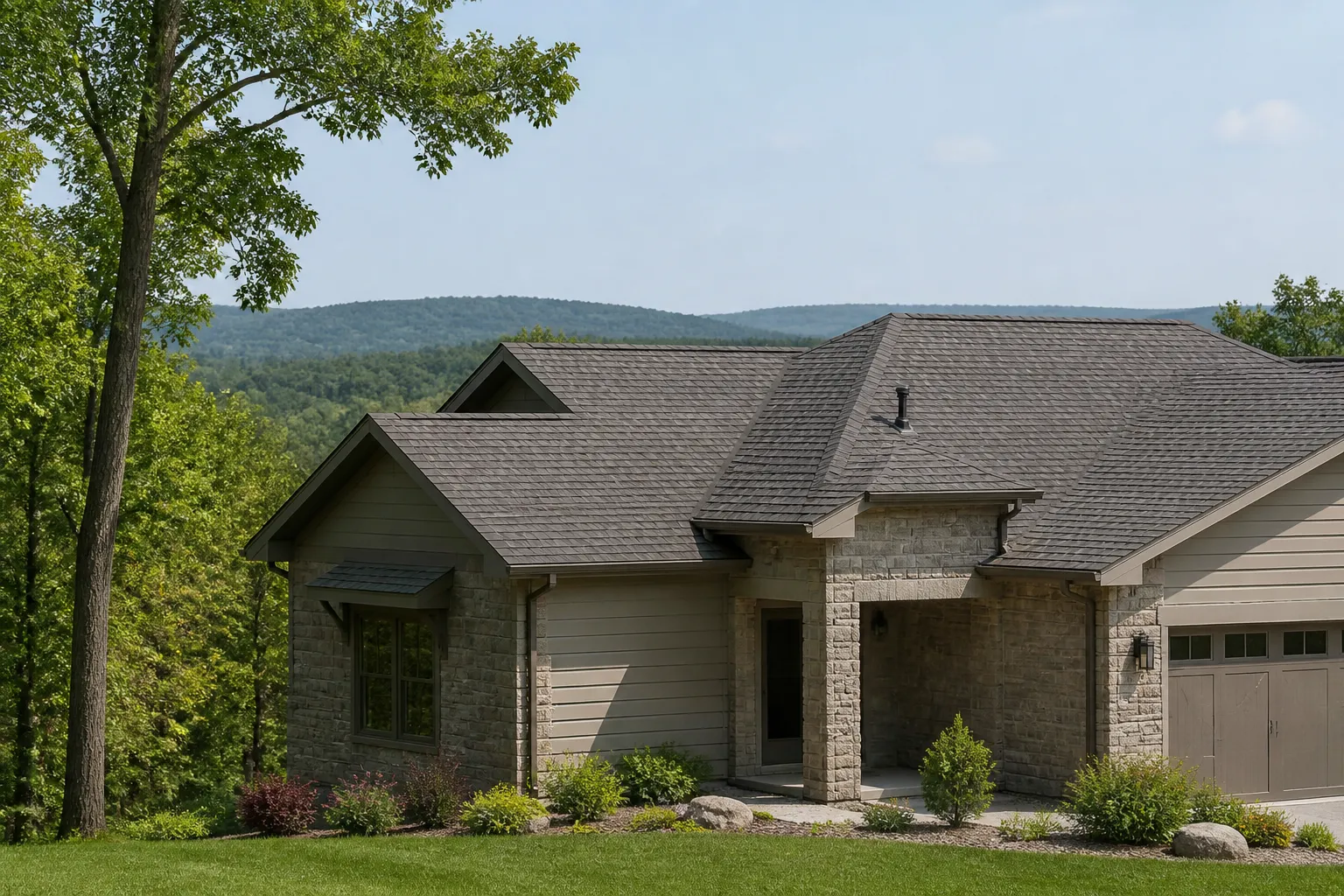 Residential asphalt-shingle roof on a Bella Vista, Arkansas home with mature trees and wooded hills in the distance