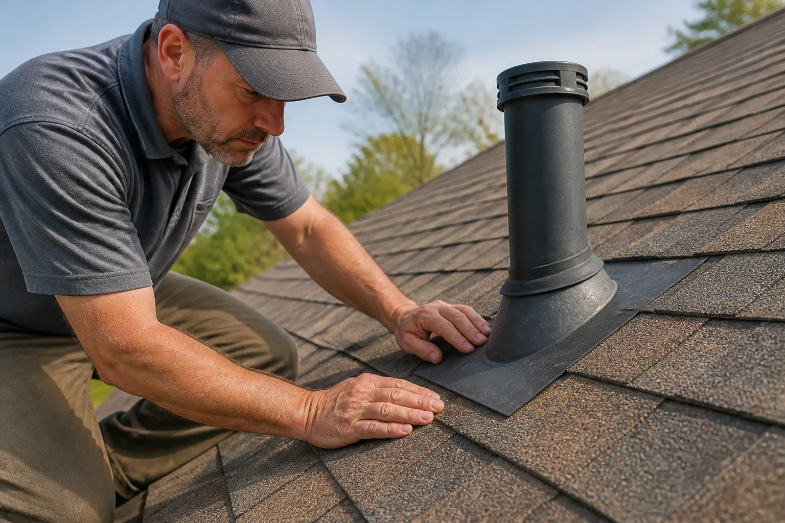 Close view of a roofing professional checking asphalt shingles and flashing beside a roof vent