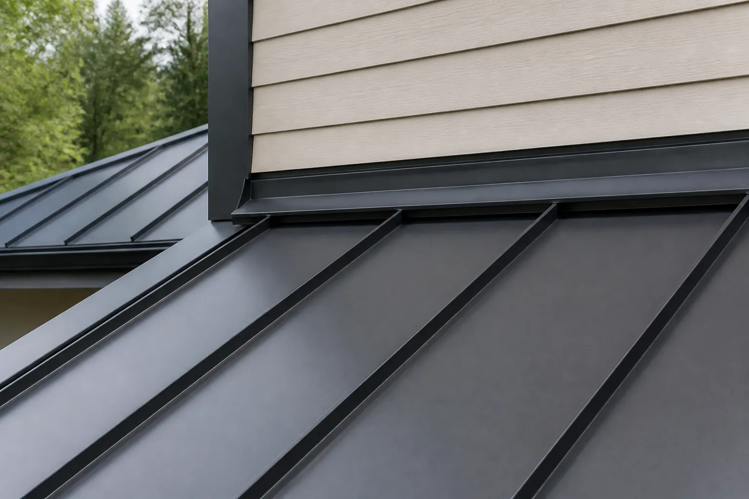Raised standing seams on metal roof panels with flashing at a roof-to-wall transition