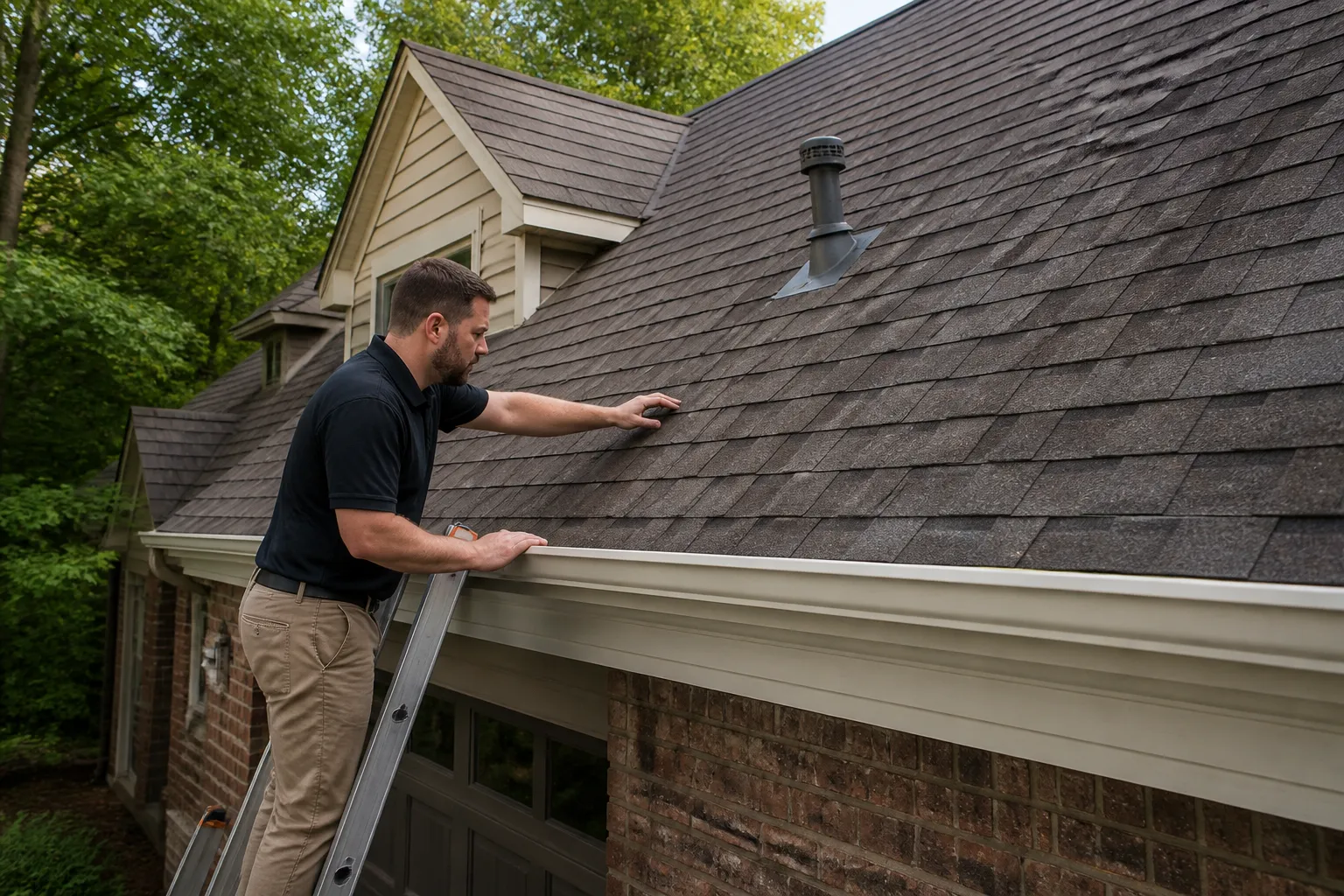 Roofing inspector checking shingles, vent flashing, and eaves on a Bentonville, Arkansas home.