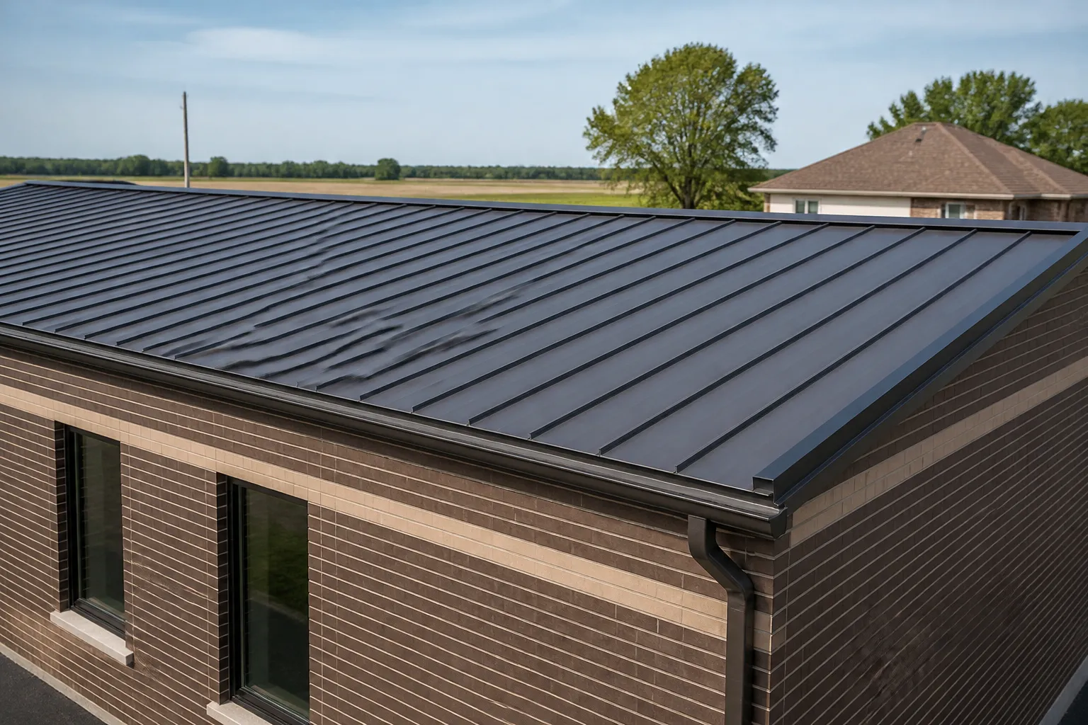 Charcoal standing-seam metal roof on a low brick commercial building, with gutters and drainage details visible in a quiet Arkansas setting.