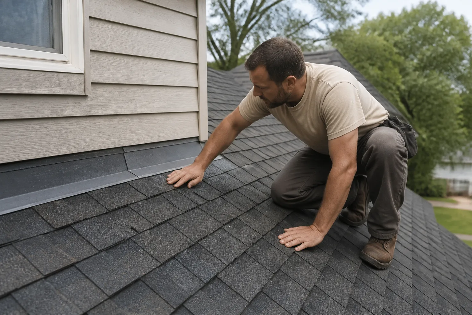 Roofing professional examining asphalt shingles and flashing on a residential roof in Bryant, Arkansas.