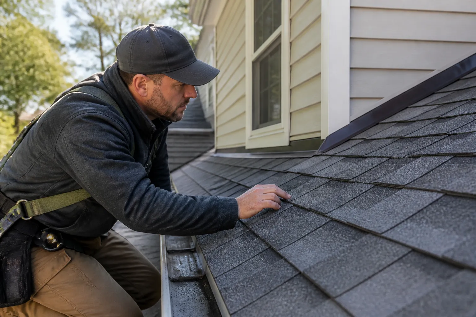 Roofing professional inspecting shingles and flashing on a residential roof