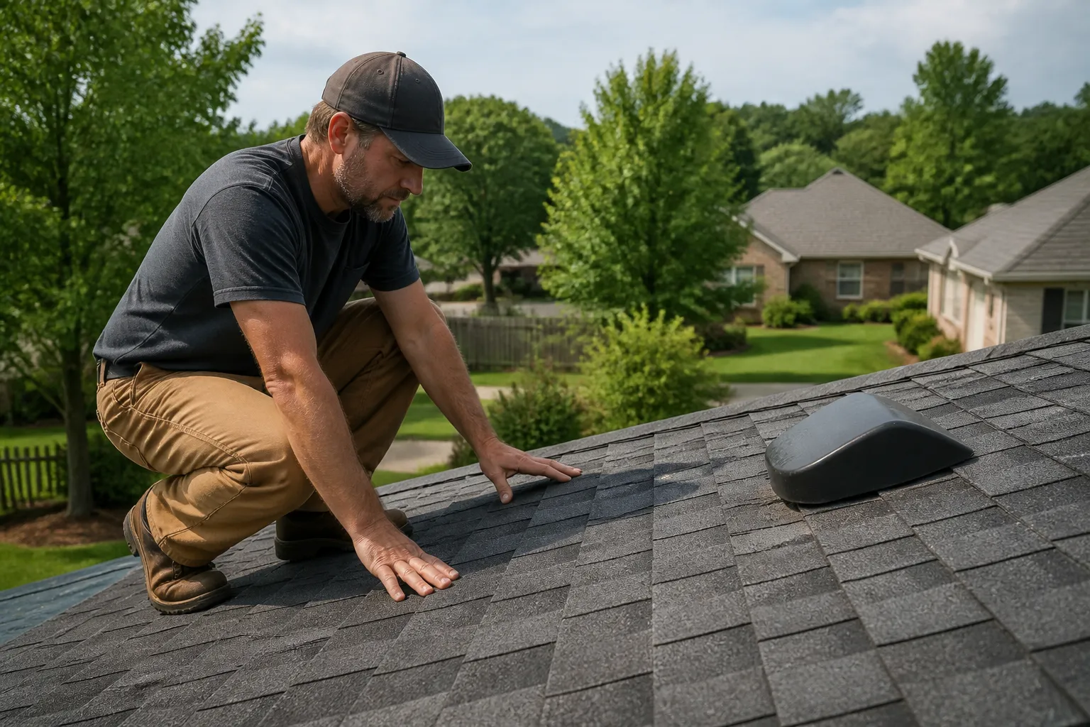 Roofing professional inspecting asphalt shingles and a roof vent on a Centerton, Arkansas home.