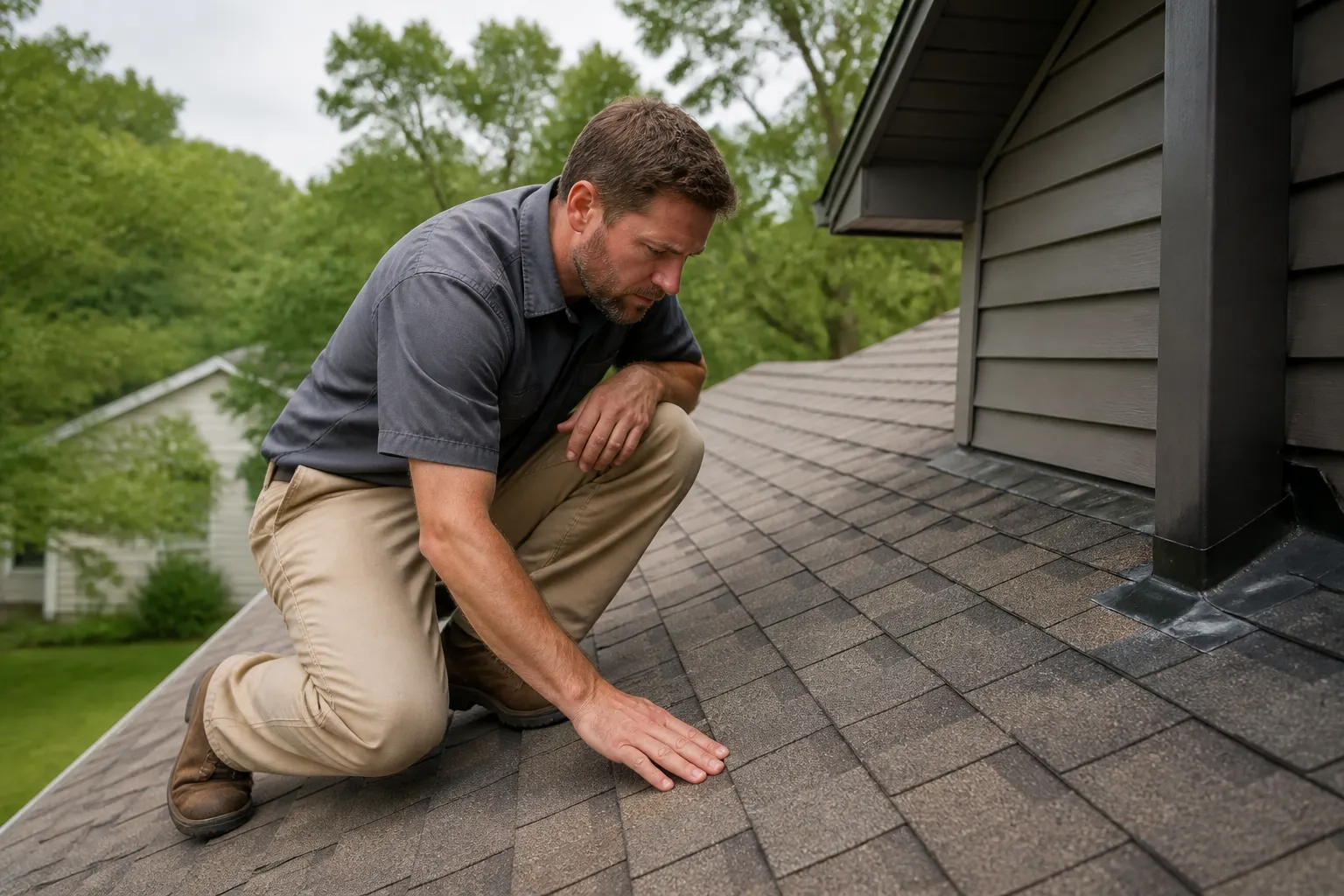 Roofing professional inspecting asphalt shingles and flashing on a home in Clarksville, Arkansas.