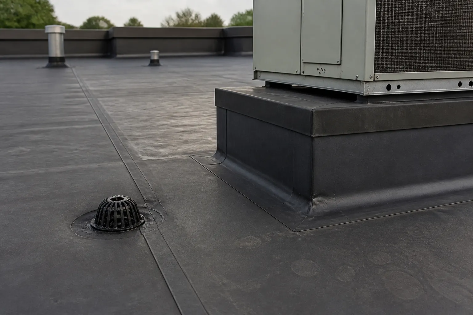Low-slope commercial roof drain, membrane seam, and flashing around a raised equipment curb