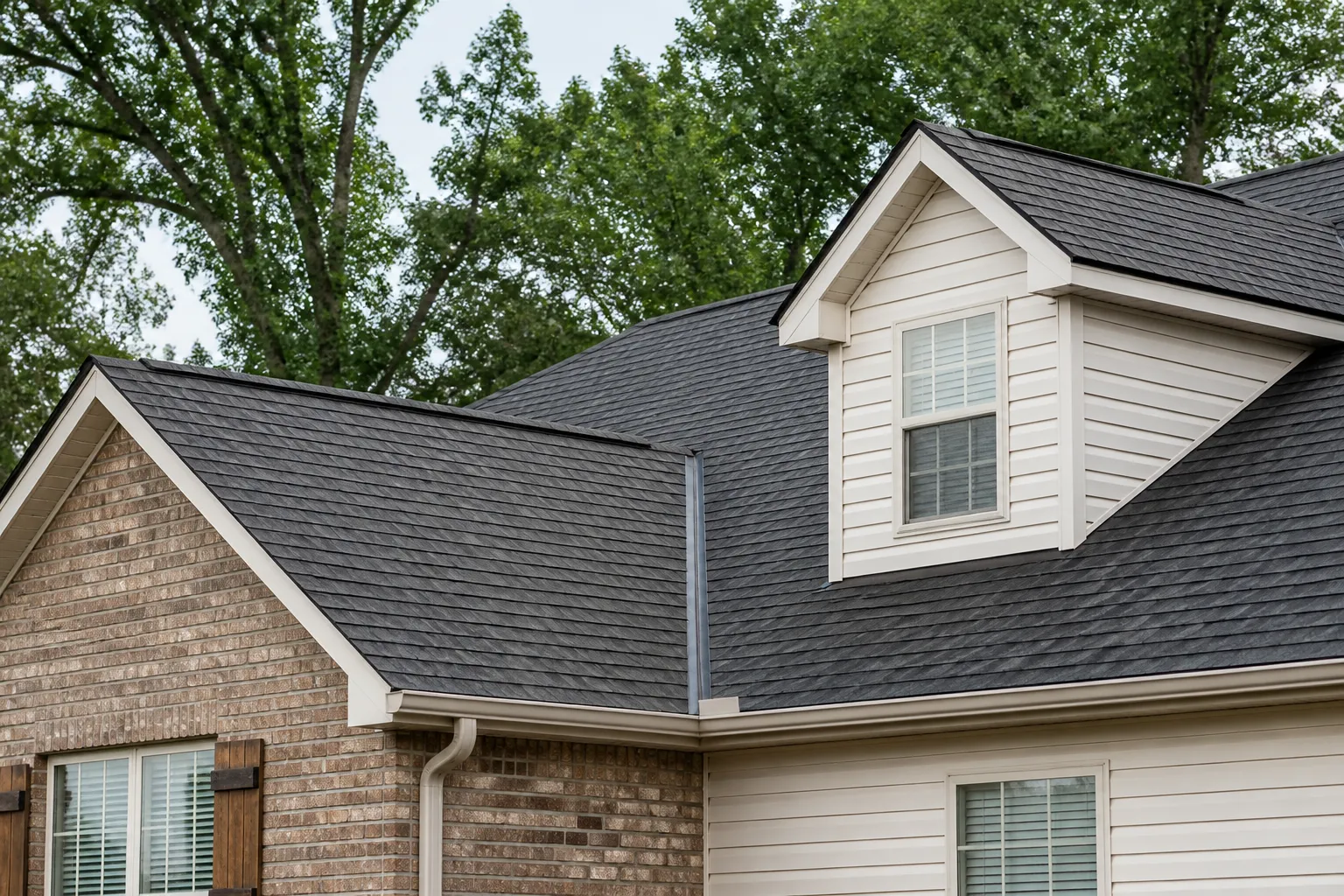 Asphalt-shingle roof and clean roofline on a home in soft daylight, with leafy trees in the background