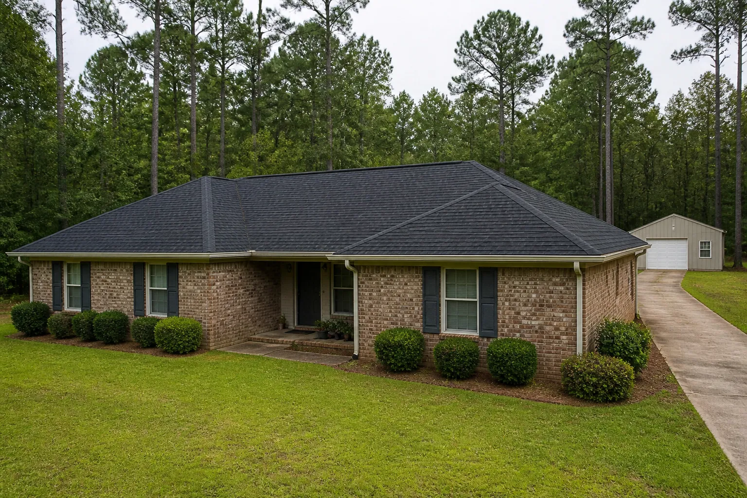 Charcoal shingle roof on a one-story home in Crossett, Arkansas, with a detached workshop in the background.