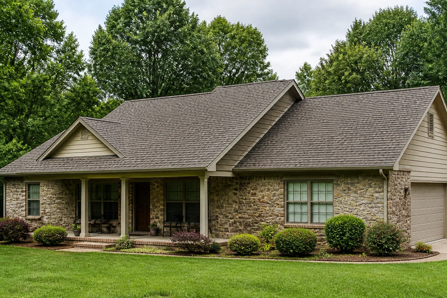 Brown-gray asphalt shingle roof on a modest Arkansas home, with visible roof planes and a green yard.