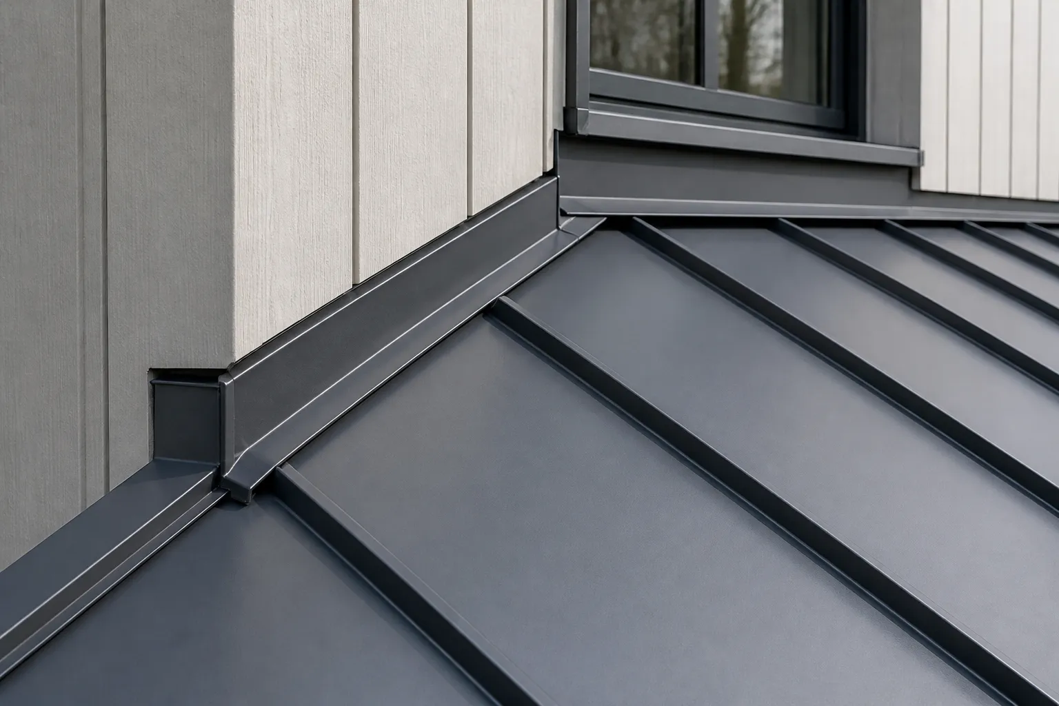 Raised standing-seam metal roof panels meeting a sidewall flashing transition