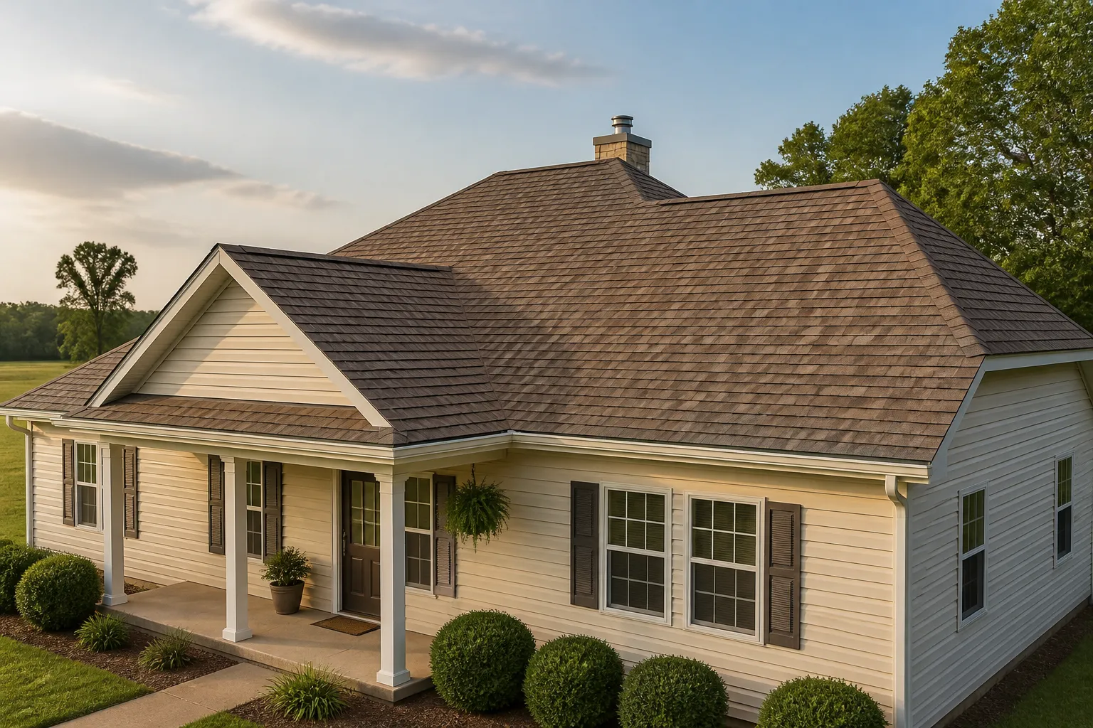 Brown architectural asphalt-shingle roof on a one-story light-colored home, with ridge, eaves, and chimney flashing visible.