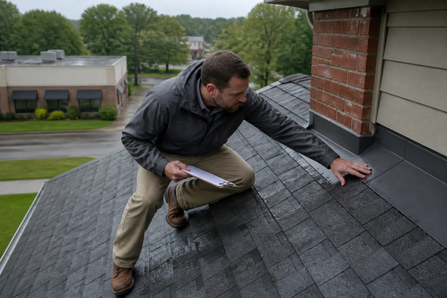 Roofing inspector checking shingles and flashing on a Fort Smith, Arkansas home.