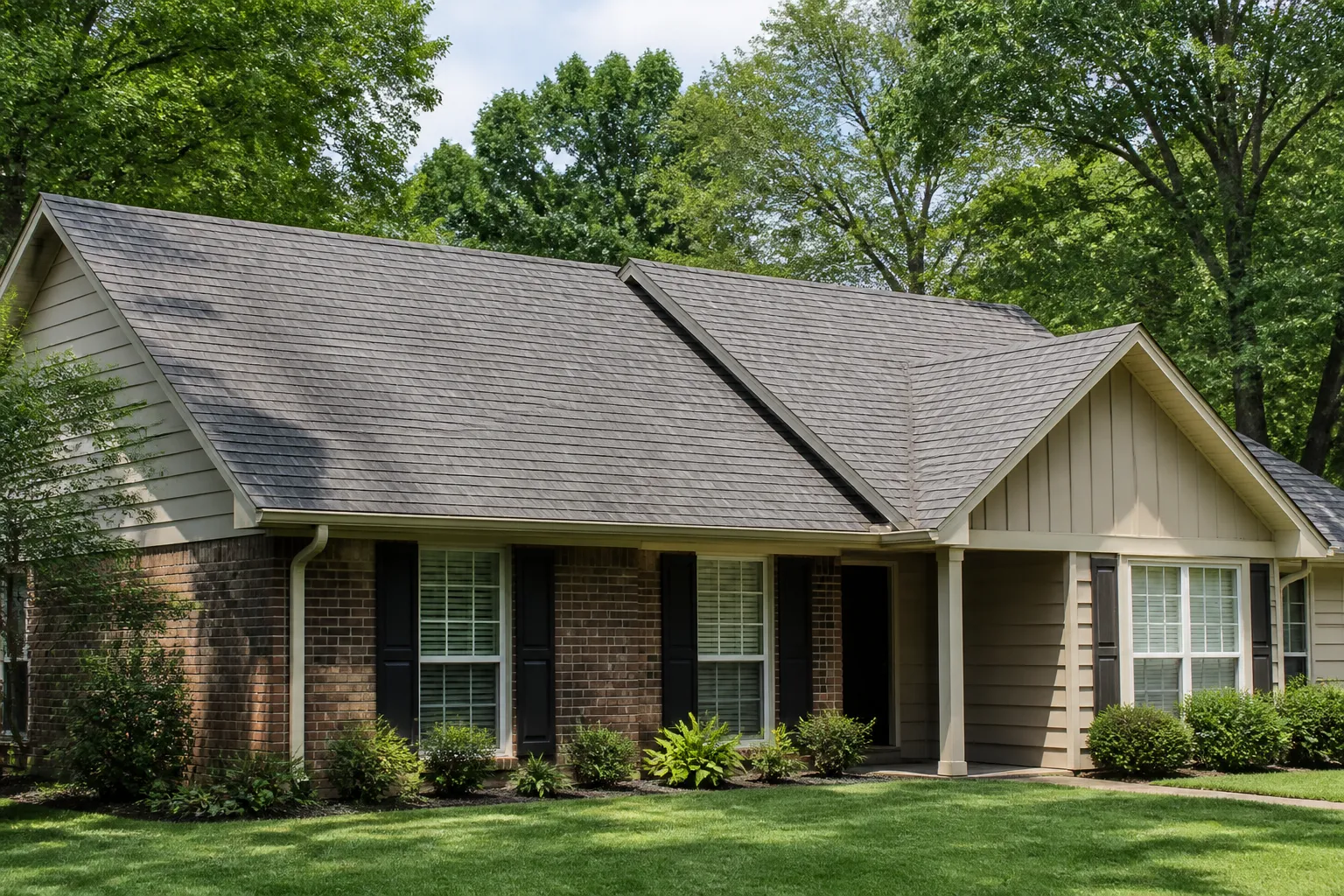 Gray asphalt shingle roof with defined ridges and valleys on a single-story Arkansas home surrounded by trees.