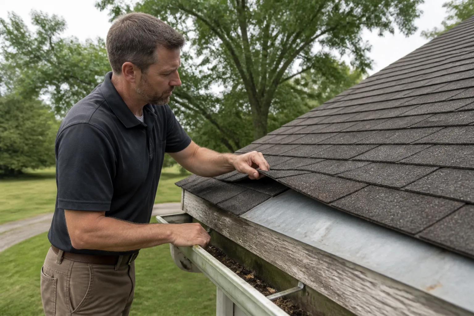 Roofing professional inspecting shingles and flashing on a Greenwood, Arkansas home.