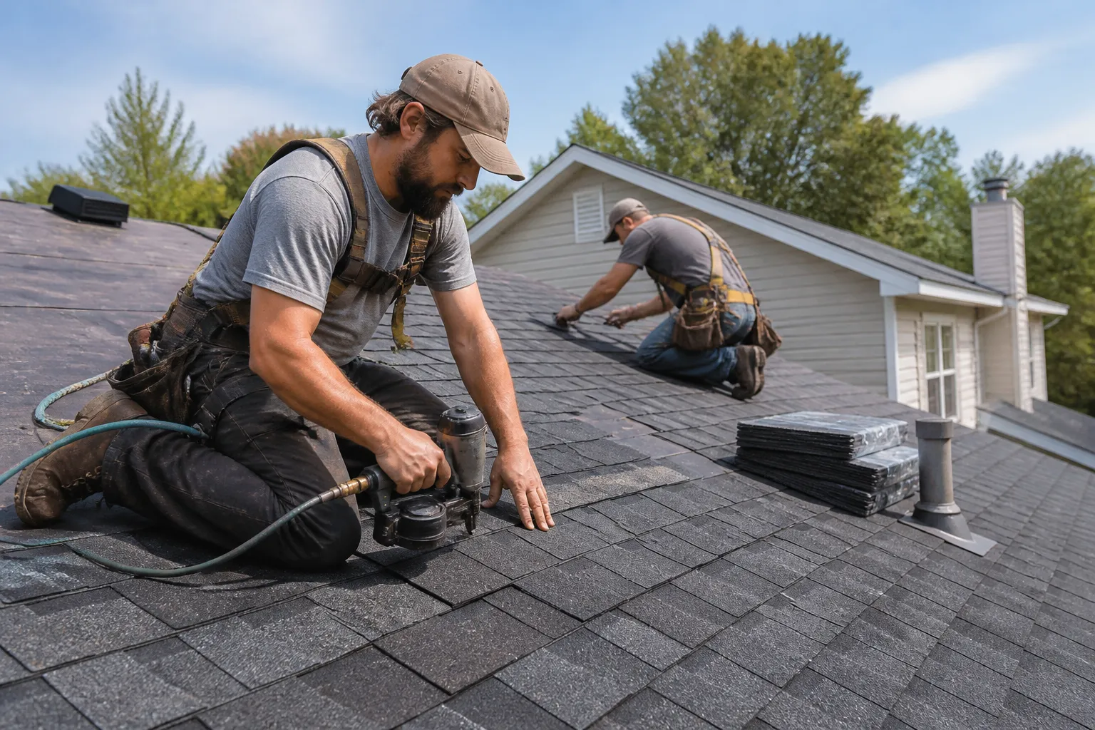 Two roofers installing shingles on a residential roof