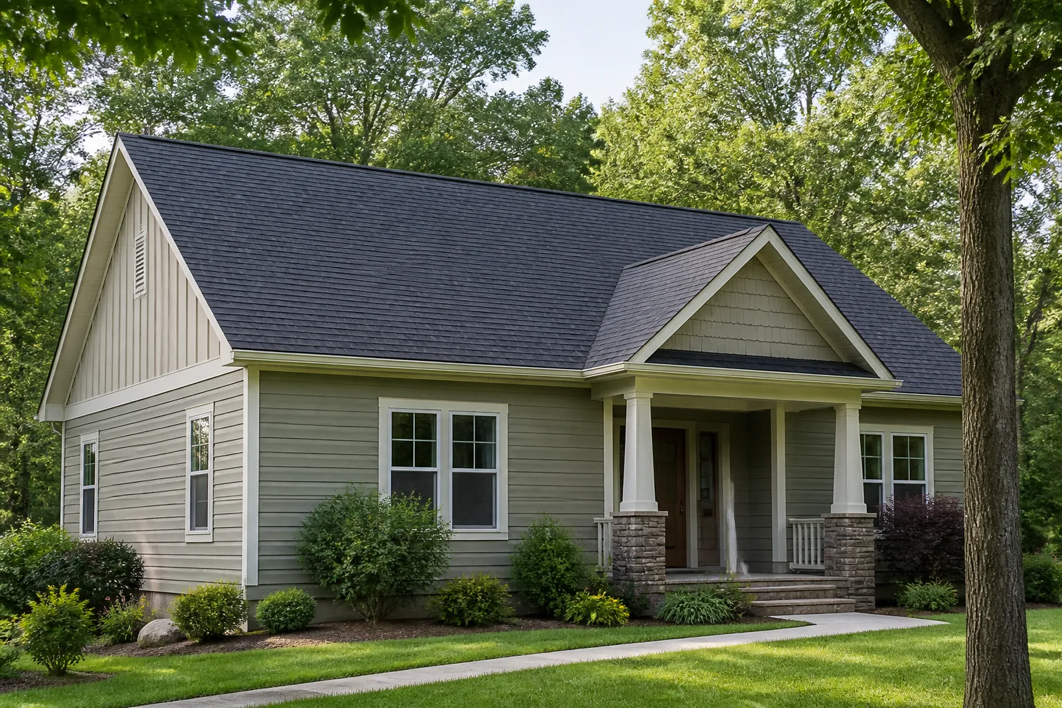 Charcoal asphalt shingle roof on a single-story Arkansas home in a leafy residential setting.