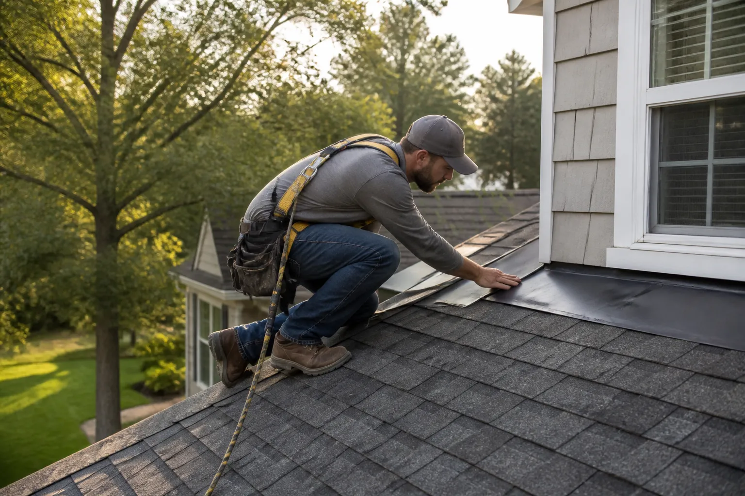 Roofing professional inspecting asphalt shingles and flashing on a home in natural light