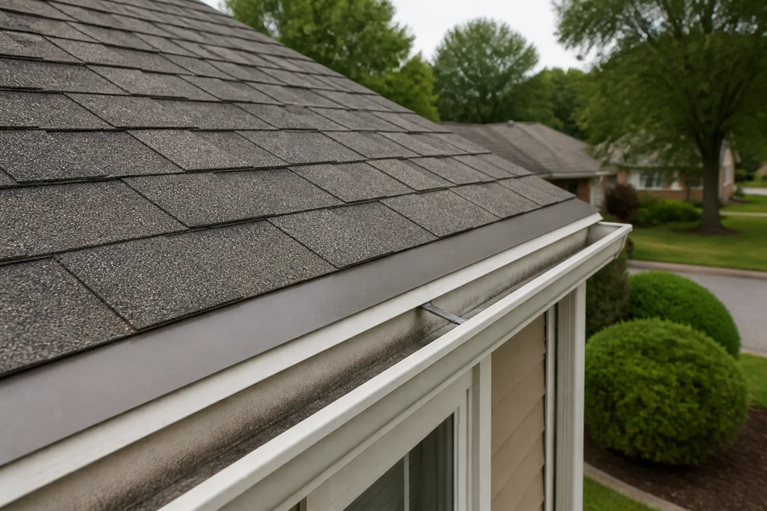 Illustrative residential asphalt shingles with visible roof-edge flashing and gutters.