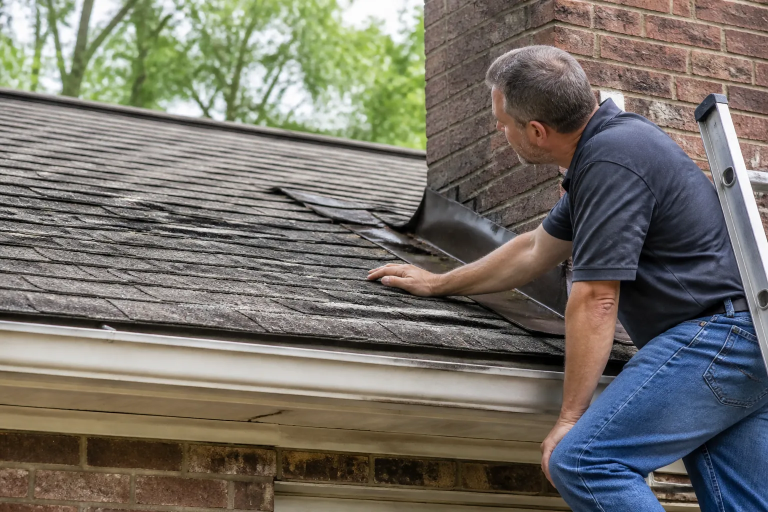 Roofer inspecting asphalt shingles and flashing on a residential roof in daylight
