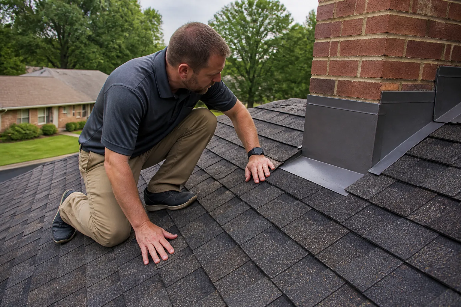 Roofing inspector checking asphalt shingles and flashing on a brick home in Jonesboro, Arkansas.