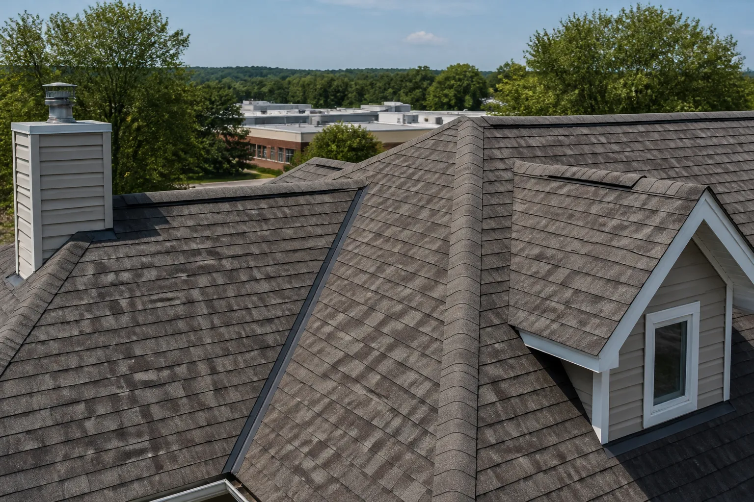 Residential asphalt-shingle roof with visible ridge, valley, and flashing details and a distant commercial roofline.