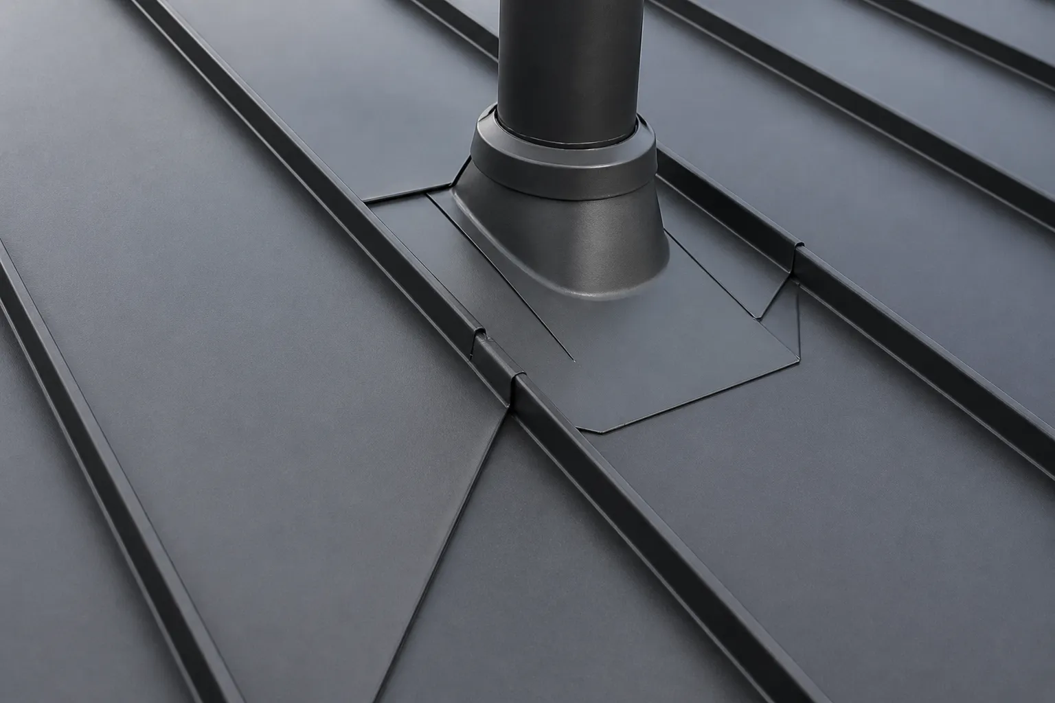 Standing-seam metal panels with raised seams and flashing at a roof penetration