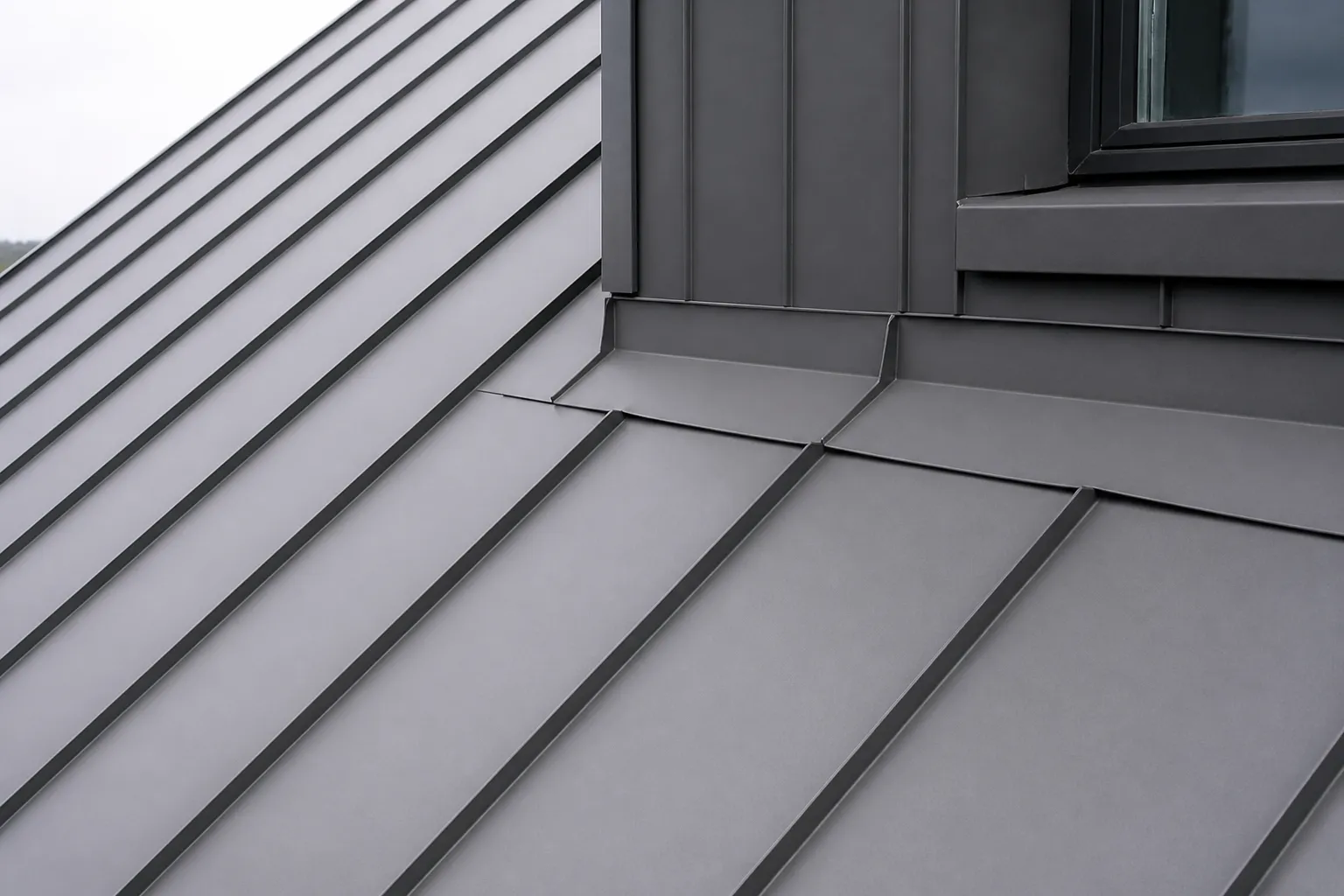 Standing-seam metal panels with flashing along a roof-sidewall transition.
