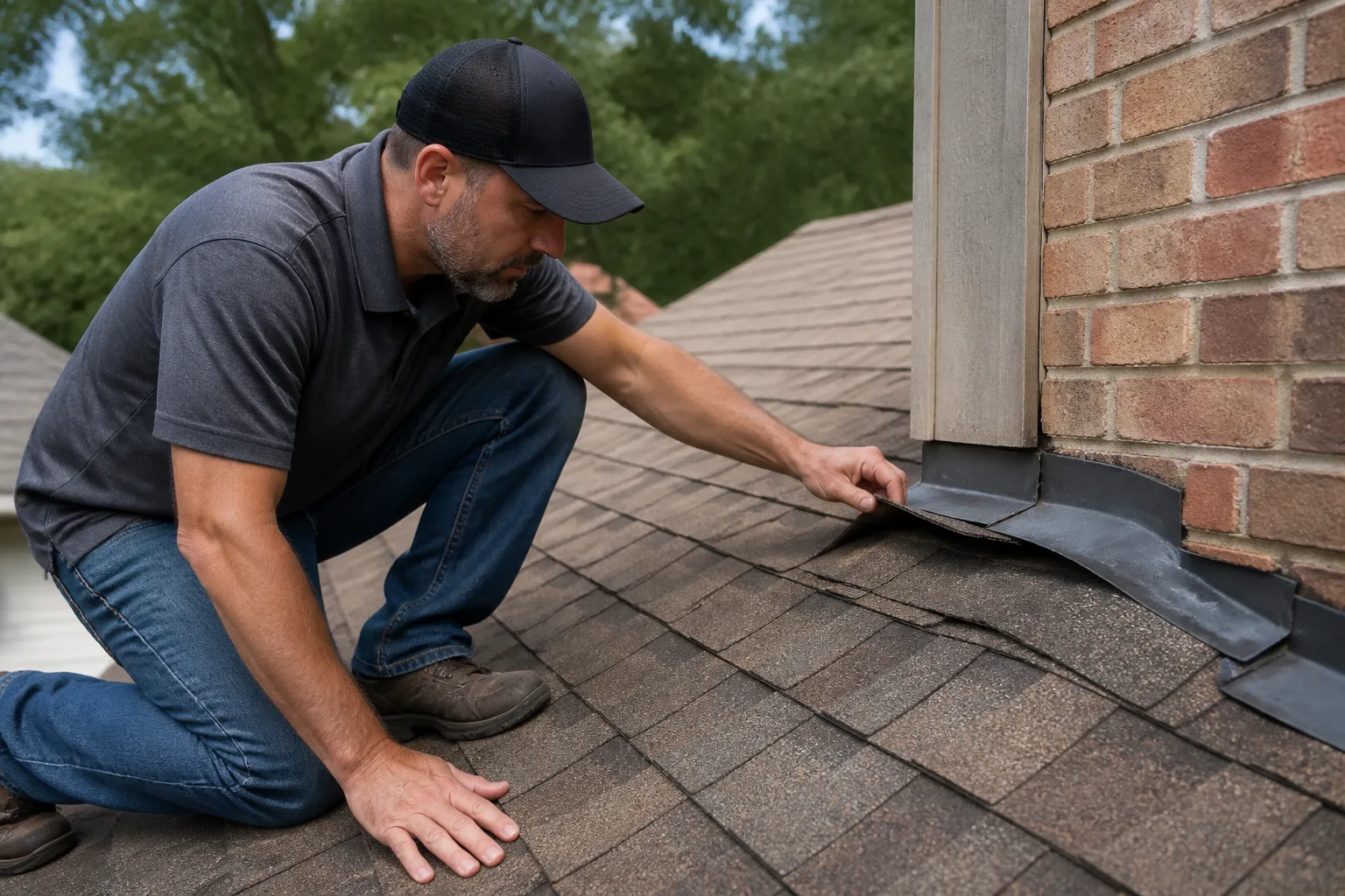 Illustrative view of a roofer inspecting asphalt shingles and flashing on a residential roof; not a completed Malvern project.
