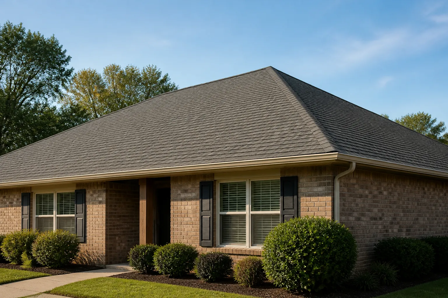 Gray architectural-shingle roof on a one-story brick Arkansas home, with ridge, eaves, and roof-to-wall details in view.