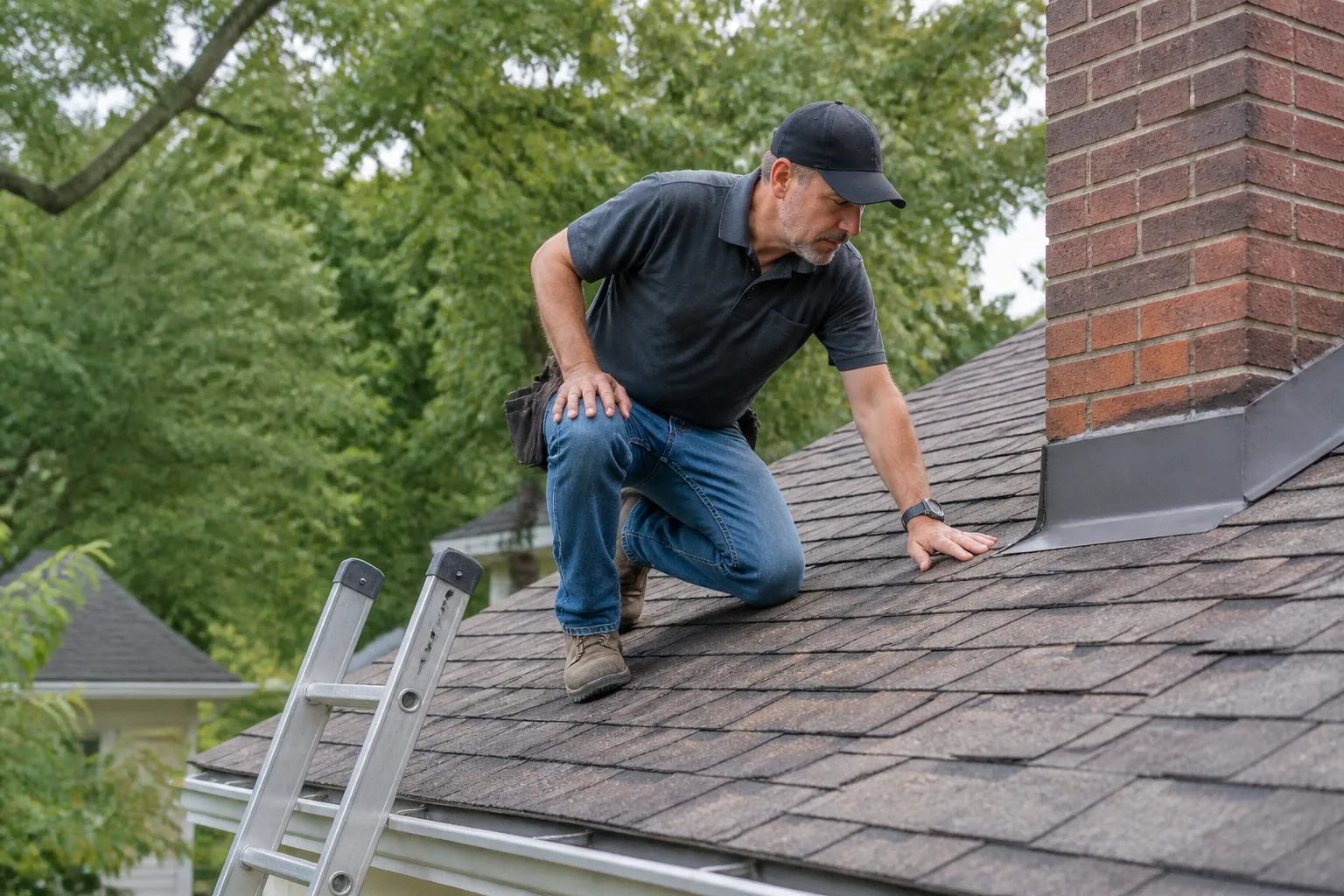 Roofing professional inspecting asphalt shingles and flashing on a Maumelle, Arkansas home.