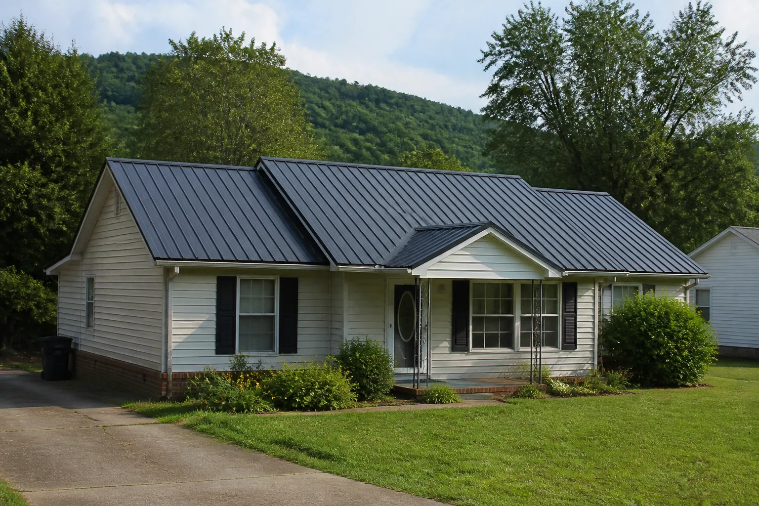Charcoal standing-seam metal roof on a home in Mena, Arkansas, with a wooded hillside in the background.