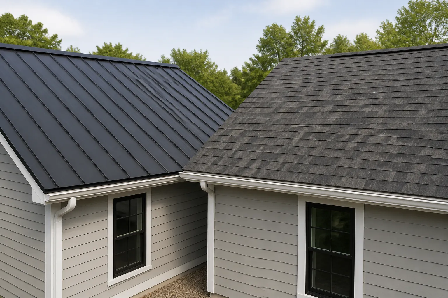 Illustrative comparison of metal roofing and asphalt shingles