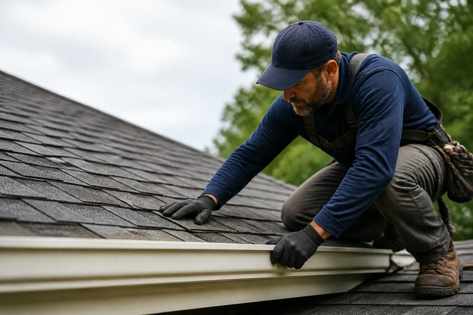 Illustrative image of a roofer inspecting a residential roof, not a completed Monticello project