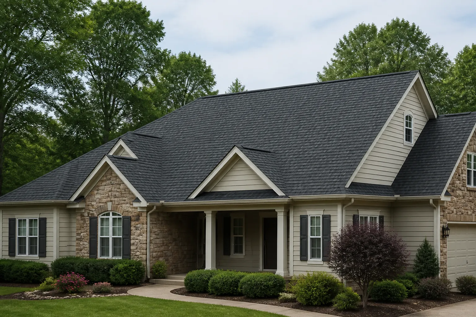Dark asphalt-shingle roof on a house framed by mature trees in daylight