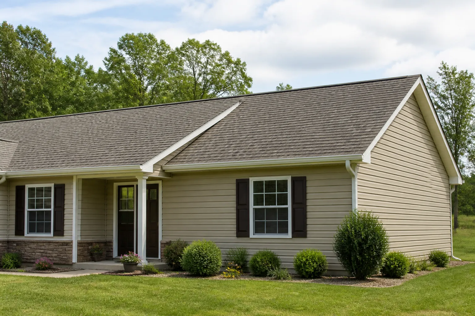 One-story Arkansas home with a dark asphalt-shingle roof, clearly visible ridge, eaves, and roof-to-wall transitions.