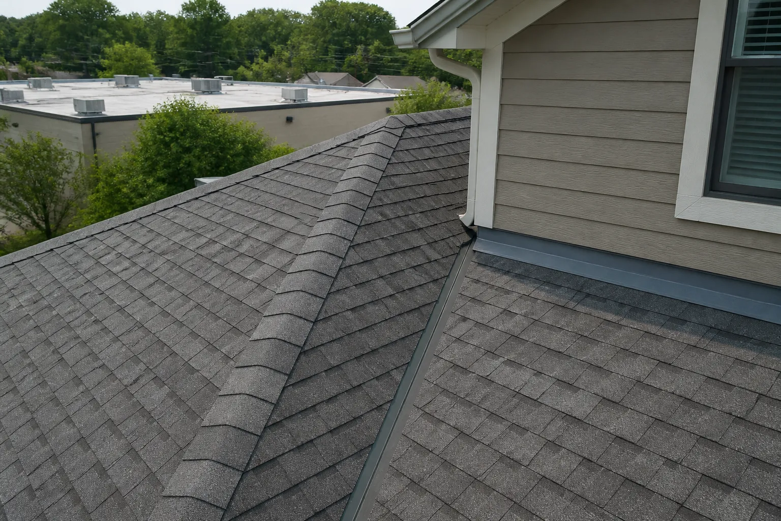 Asphalt-shingle roof with visible ridge, valley, and roof-to-wall flashing, with a low-slope commercial roof in the distance.