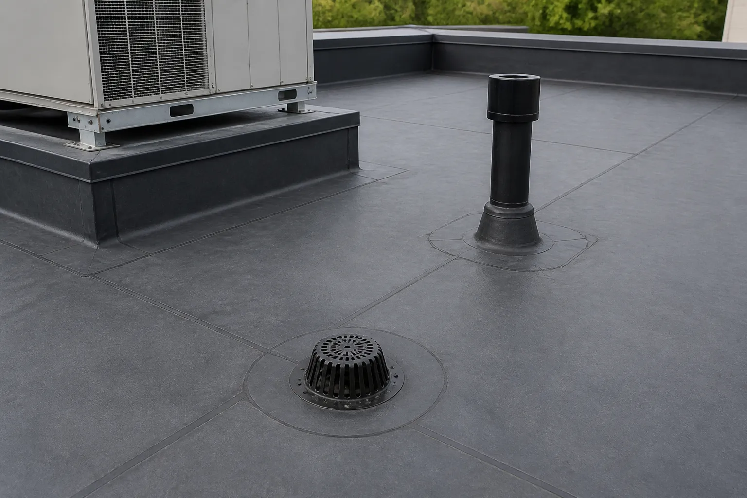 Commercial roof membrane seam beside an integrated roof drain and flashed equipment curb