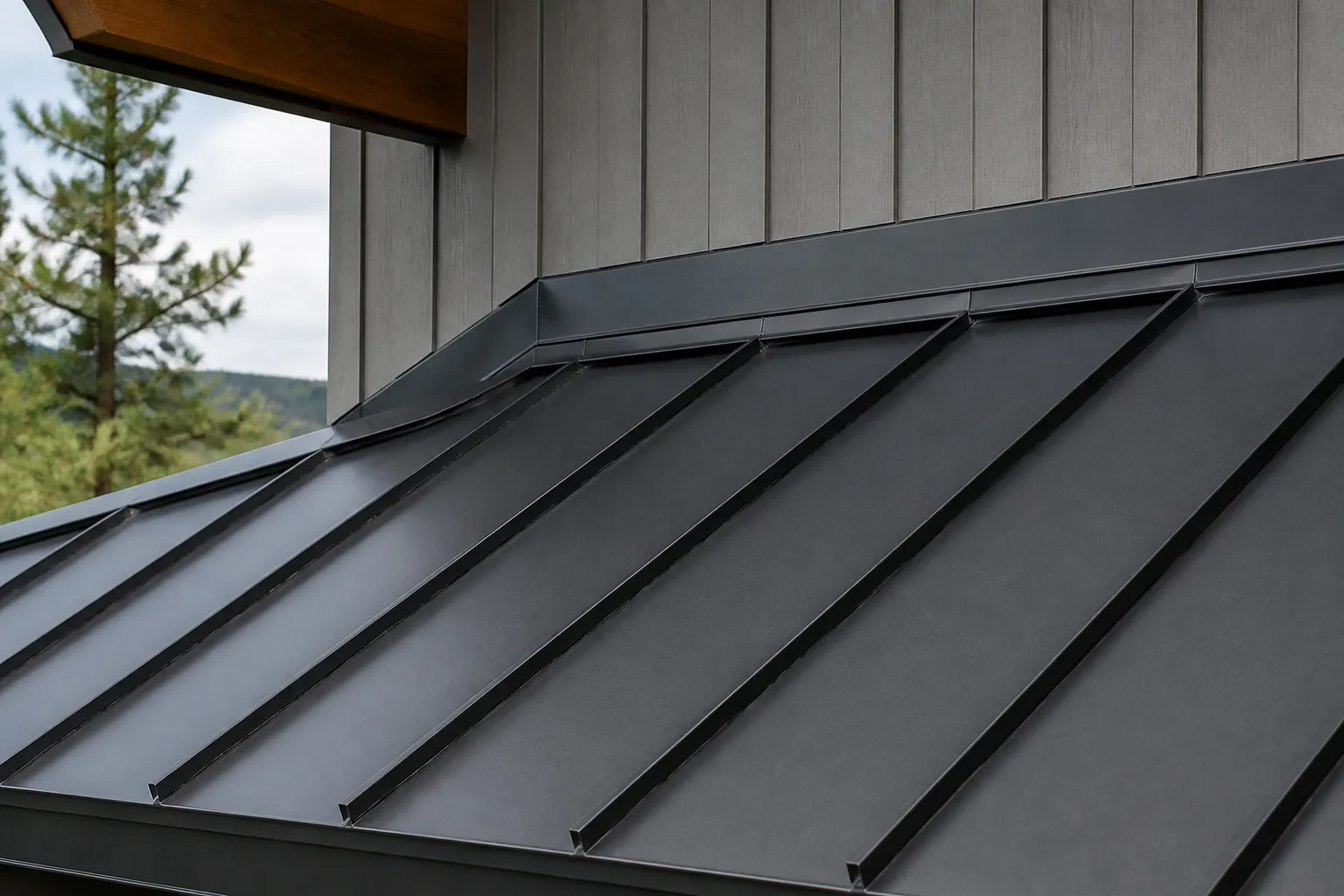 Raised metal roof panel seams meeting carefully formed sidewall flashing