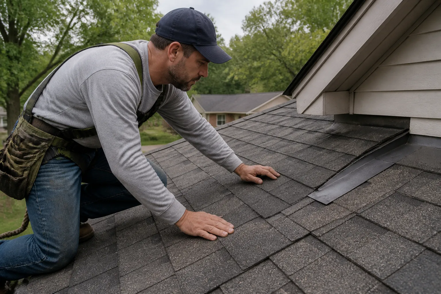 Roofing professional inspecting gray asphalt shingles and flashing on a residential roof