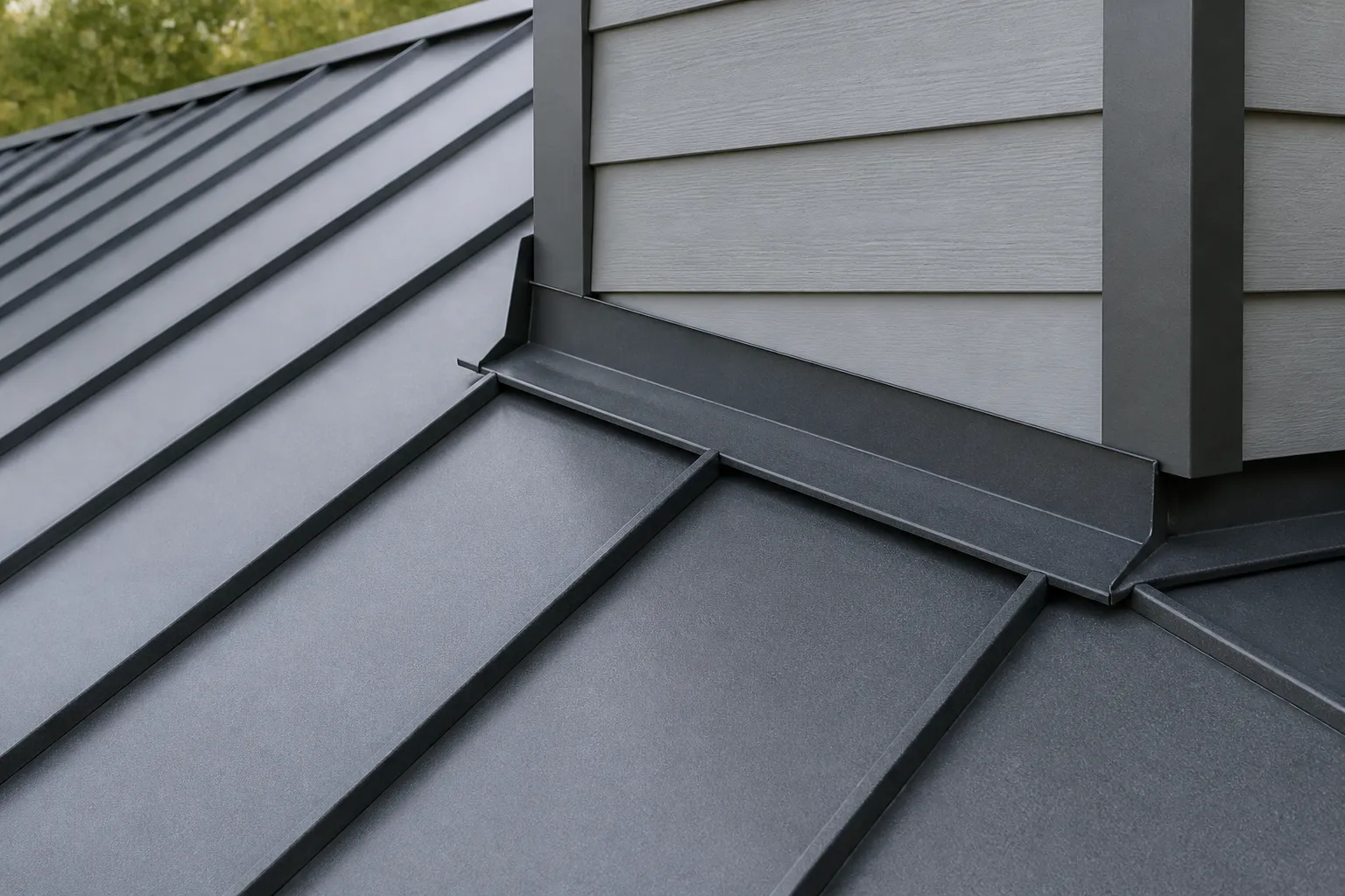 Standing-seam roof panels meeting folded flashing at a roof transition