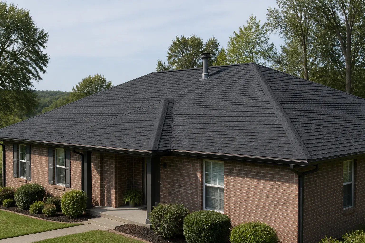 One-story brick home with a charcoal asphalt-shingle roof, visible ridge, eaves, and roof penetration detail.