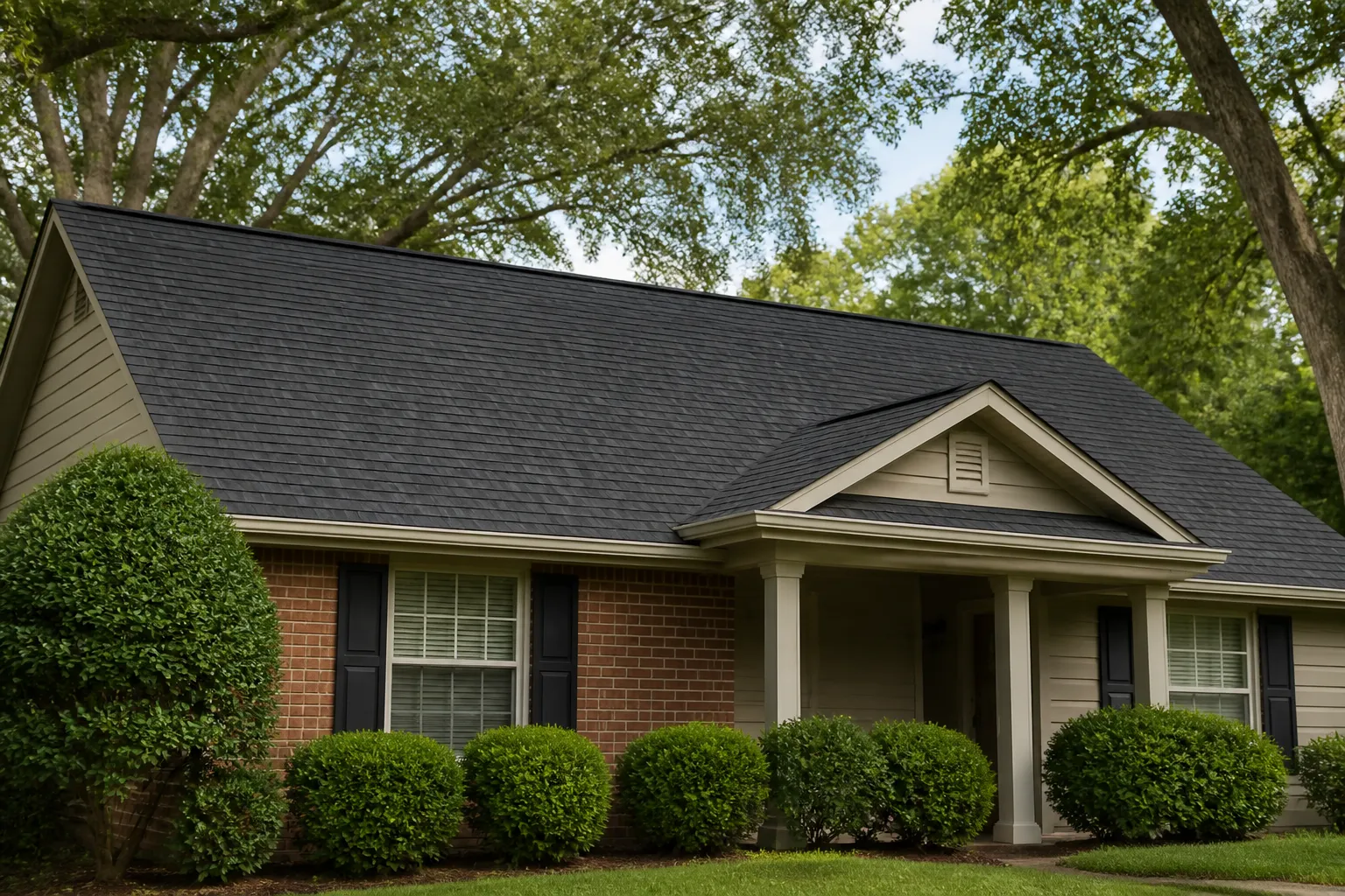 Charcoal asphalt-shingle roof on an Arkansas home beneath mature deciduous trees.