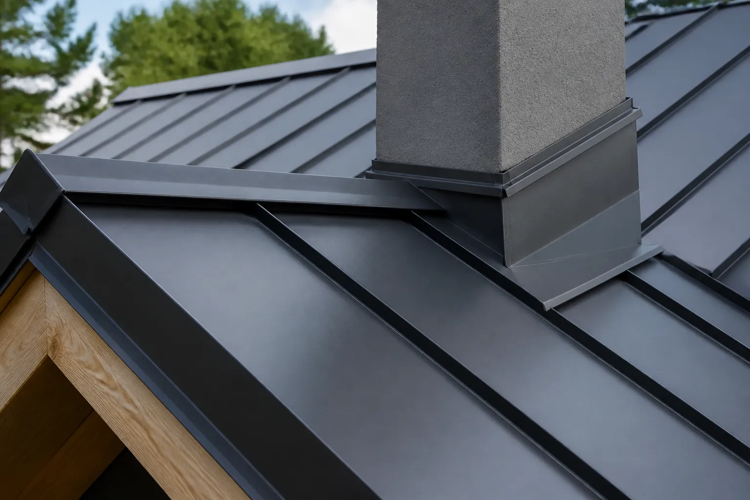 Standing-seam metal panel with folded flashing at a roof penetration