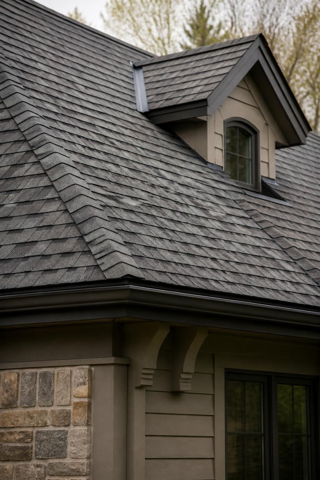 Close view of clean shingle alignment and finished roof craftsmanship.