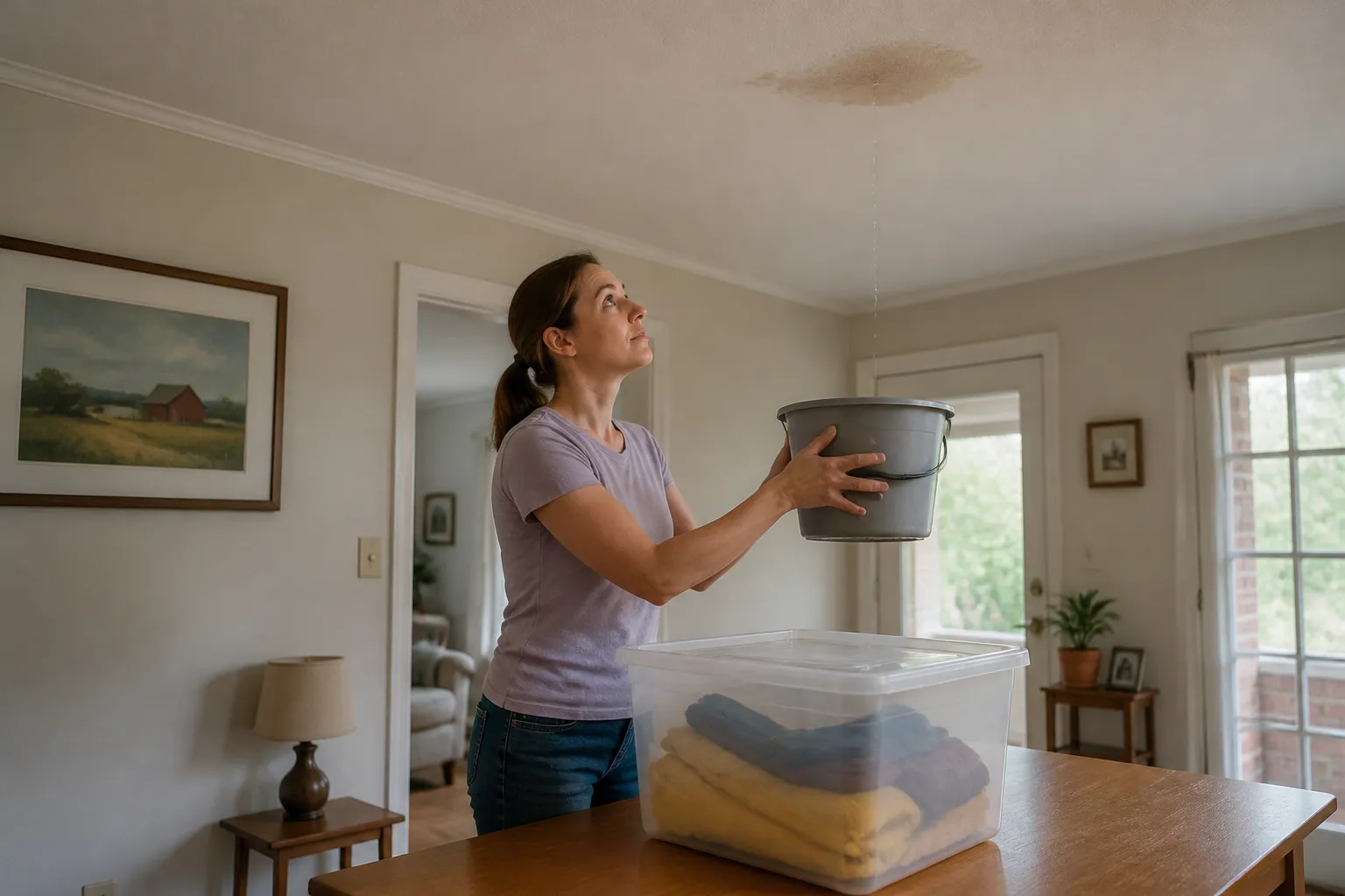 Safe indoor response to a roof leak after a storm
