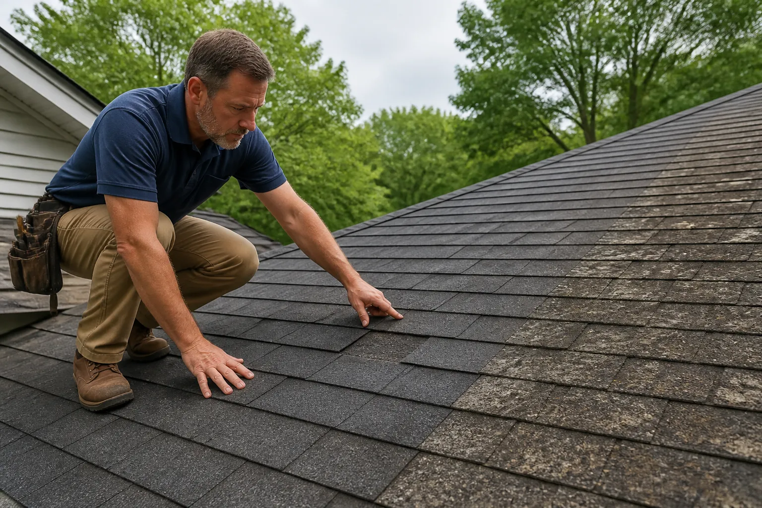 Residential roof with a localized shingle concern being inspected.