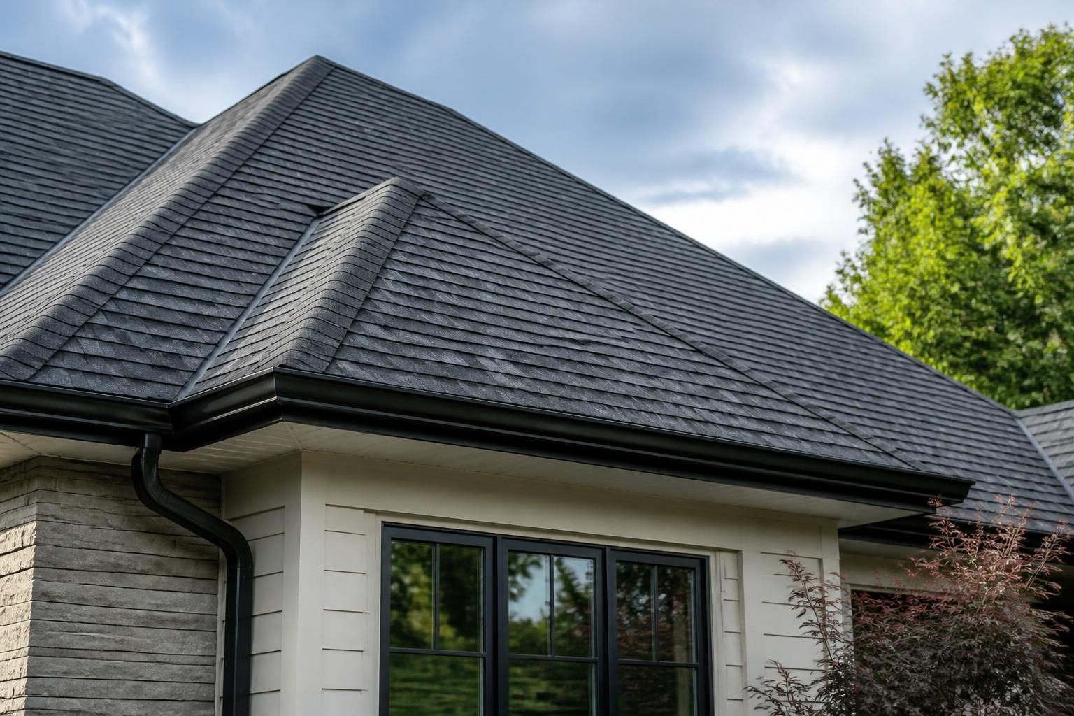 Finished roof replacement with clean shingle lines and flashing.